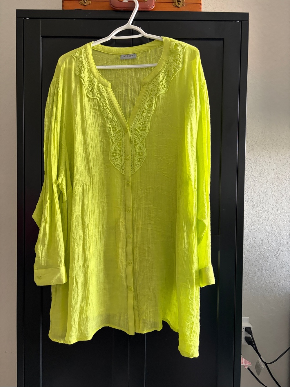Catherines Neon Lime Green Gauze Tunic Blouse Crochet V-Neck Size  3X